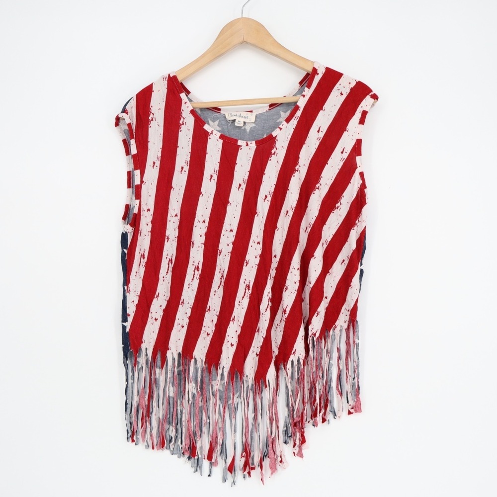 Cloud Chaser Crop Top Womens Medium Multi American Flag Print Stretch Fringe